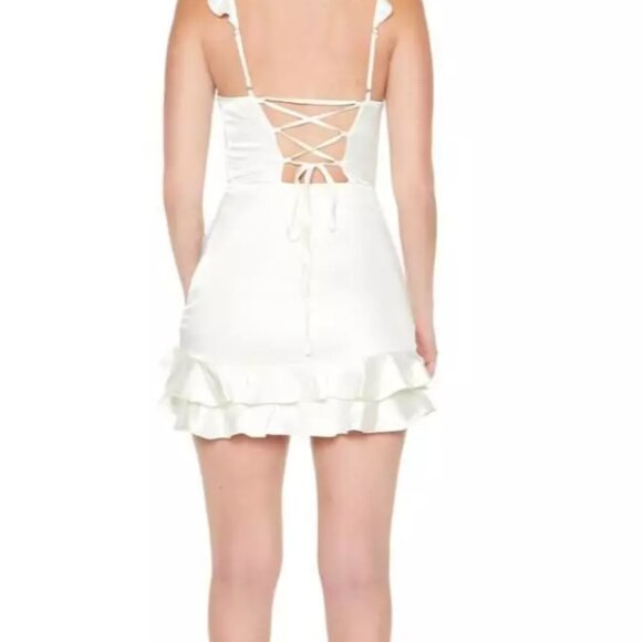 NWT Forever 21 Ruffle Satin Lace-Up Mini Dress Ivory L - Picture 2 of 4